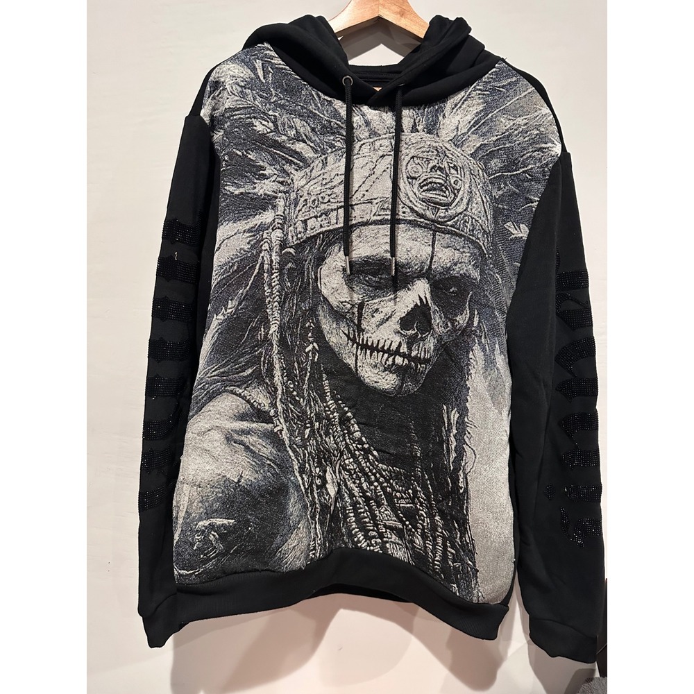 Black Pike Mens Skull Headdress Tapestry Hoodie Rhinestone Saint Sleeve XL